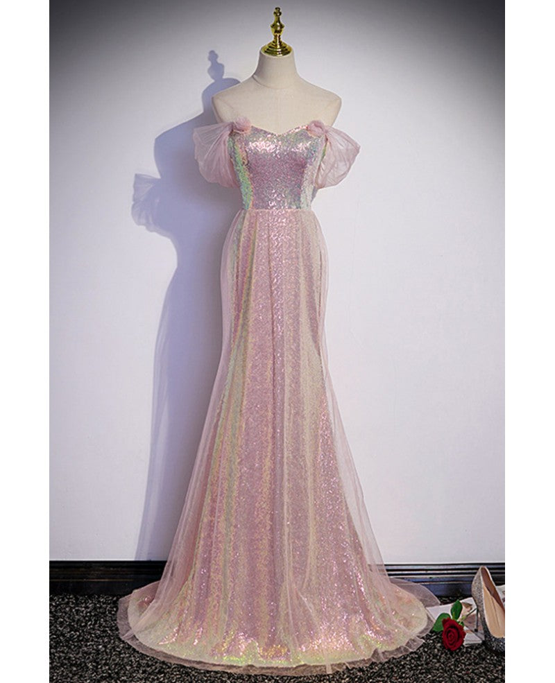 Sparkling powder blusher pink sequins off shoulder short sleeve evening dress powder blusher pink trumpet/mermaid open back zipper sweep tail prom dress